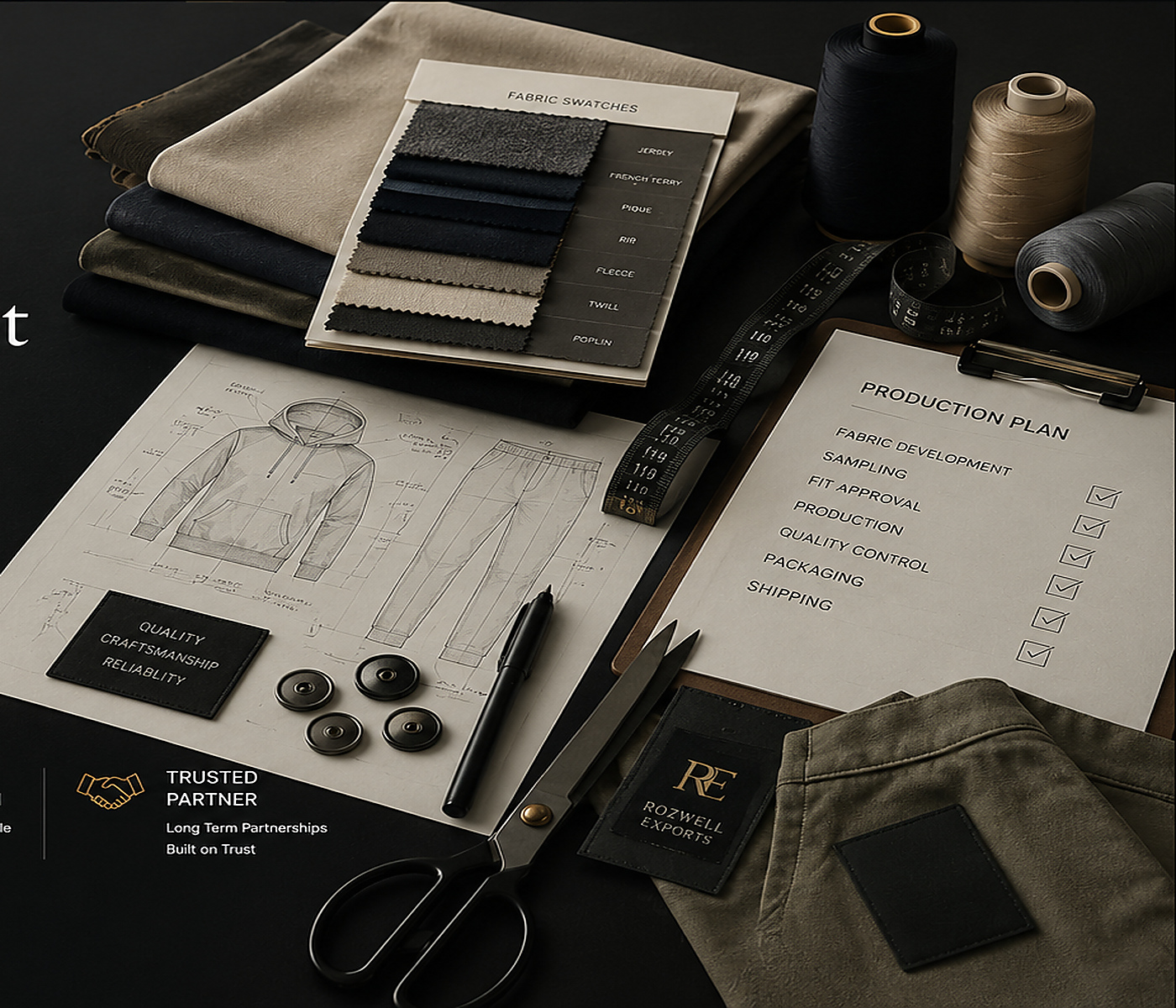 Apparel production tools, fabric swatches and manufacturing planning